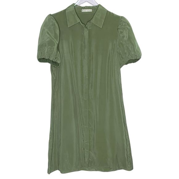 Alice + Olivia M Jem Puff Sleeve Shirt Dress Olive Green Silk Button Front - Picture 1 of 10